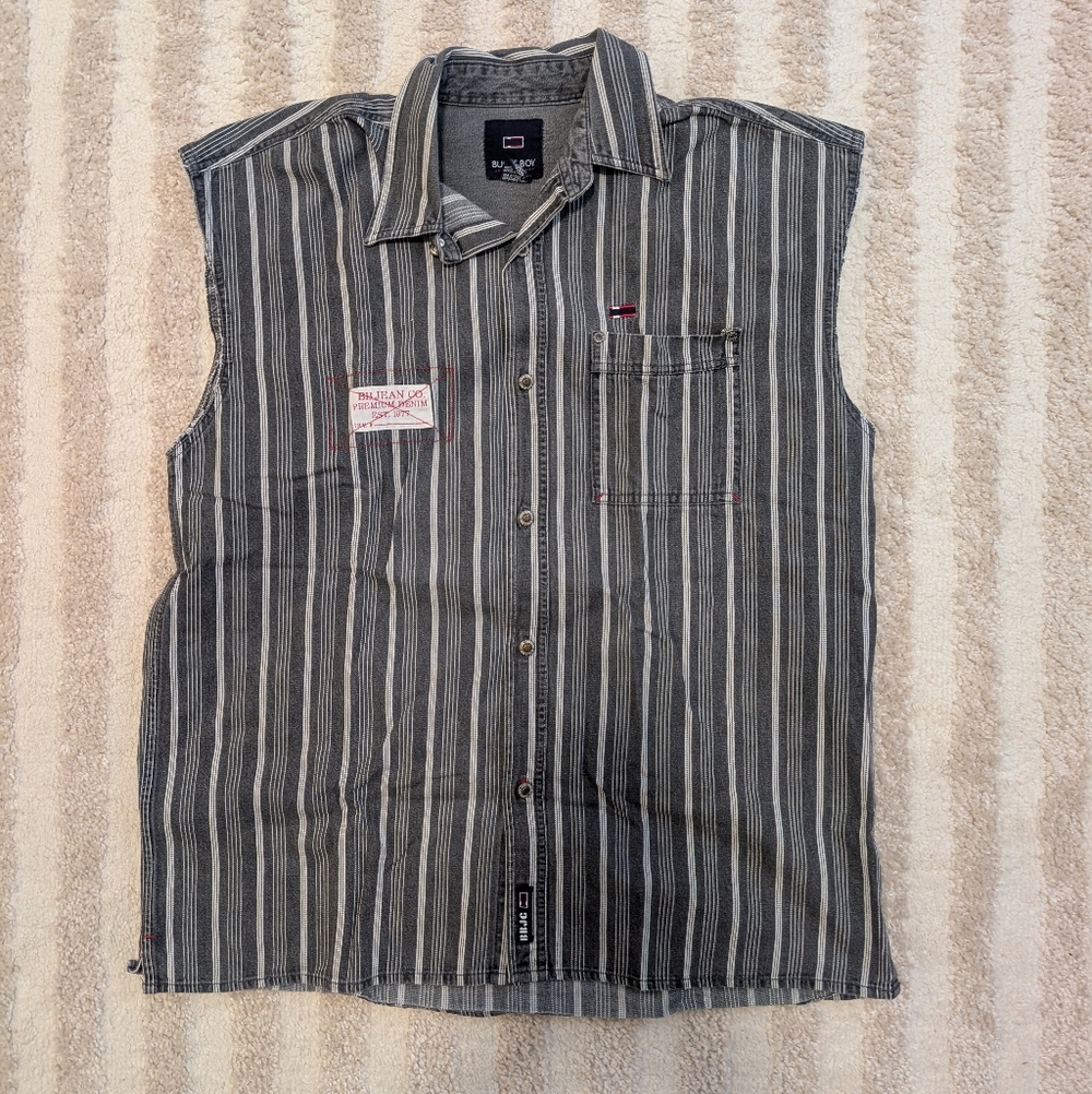Bugle Boy Jean Company Sleeveless Button Shirt Men's L Gray White Striped